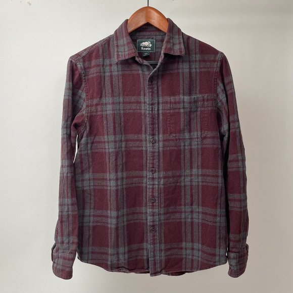 Roots Grey And Burgundy Plaid Flannel Long Sleeve Button Up Shirt, Size S - Picture 1 of 7